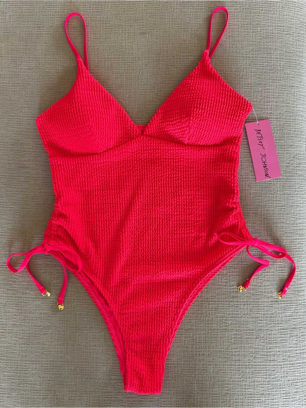 Betsey Johnson Bright Hot Pink Textured Cheeky One-Piece Swimsuit -Sz Lg